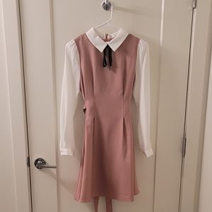 Pink and White Ribbon Neck Korean Dress